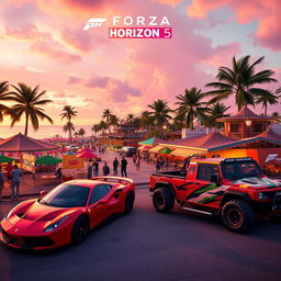 A stunning scene from Forza Horizon 5 showcasing a vibrant festival atmosphere with diverse racing cars like a sleek Ferrari and a rugged off-road truck parked in front of a tropical beach at sunset