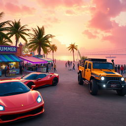A stunning scene from Forza Horizon 5 showcasing a vibrant festival atmosphere with diverse racing cars like a sleek Ferrari and a rugged off-road truck parked in front of a tropical beach at sunset