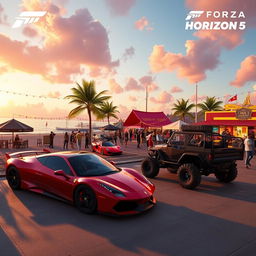 A stunning scene from Forza Horizon 5 showcasing a vibrant festival atmosphere with diverse racing cars like a sleek Ferrari and a rugged off-road truck parked in front of a tropical beach at sunset