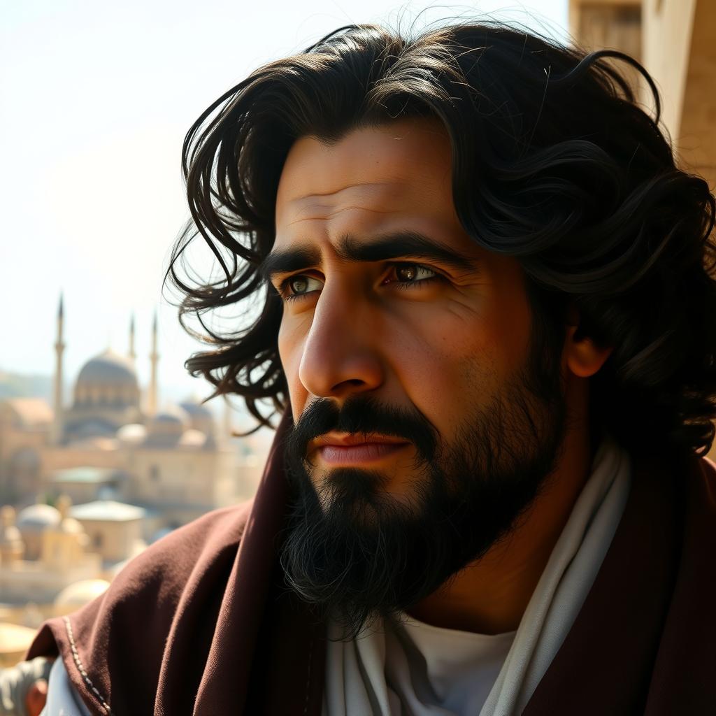 A portrait of Hashim Al-Husseini, a charismatic Middle Eastern man in traditional attire, with a thoughtful expression
