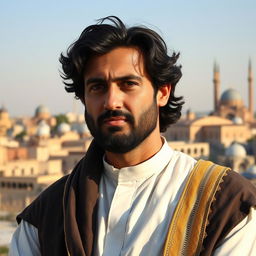 A portrait of Hashim Al-Husseini, a charismatic Middle Eastern man in traditional attire, with a thoughtful expression