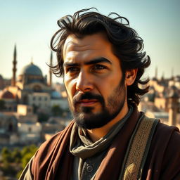 A portrait of Hashim Al-Husseini, a charismatic Middle Eastern man in traditional attire, with a thoughtful expression