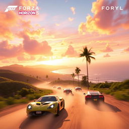 A vibrant and dynamic scene from Forza Horizon 5, showcasing a colorful sunset over the Mexican landscape