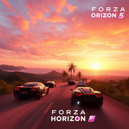 A vibrant and dynamic scene from Forza Horizon 5, showcasing a colorful sunset over the Mexican landscape