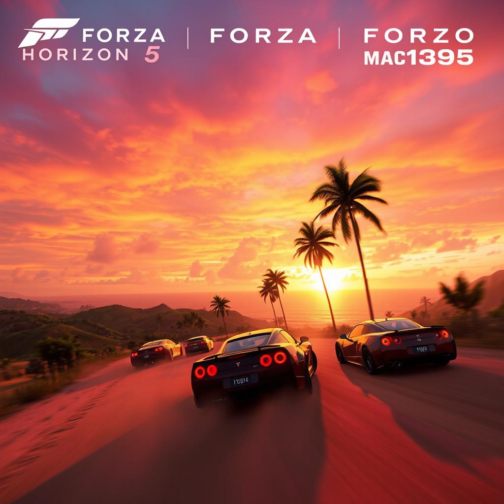 A vibrant and dynamic scene from Forza Horizon 5, showcasing a colorful sunset over the Mexican landscape