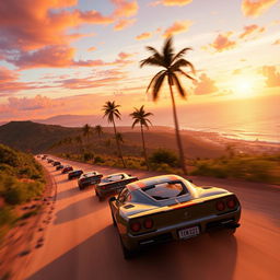 A vibrant and dynamic scene from Forza Horizon 5, showcasing a colorful sunset over the Mexican landscape