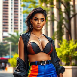 A stunning woman with big boobs, wearing a fashionable and eye-catching outfit that accentuates her figure