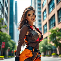 A stunning woman with big boobs, wearing a fashionable and eye-catching outfit that accentuates her figure