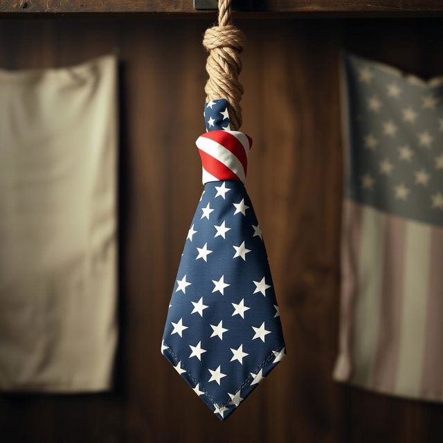 A noose designed in the shape of a tie, crafted from the American flag material