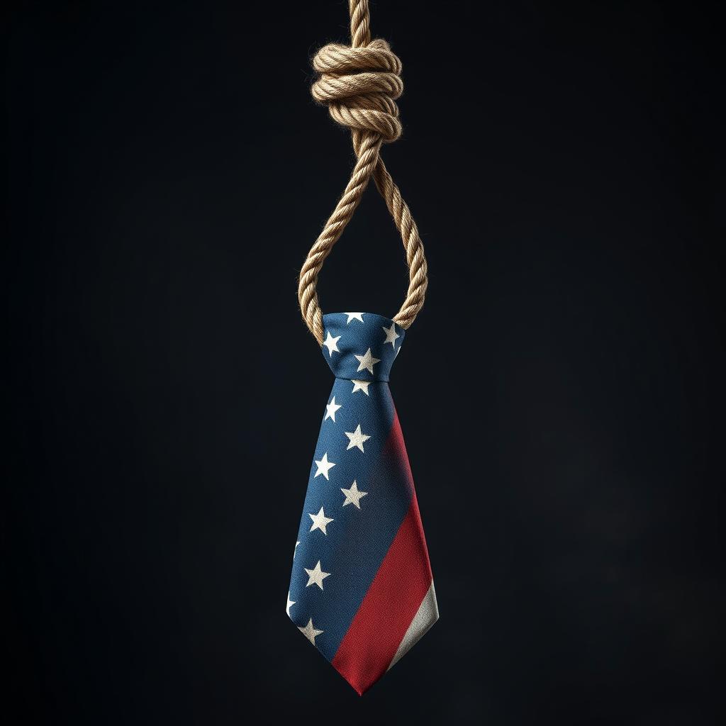 A noose designed in the shape of a tie, crafted from the American flag material