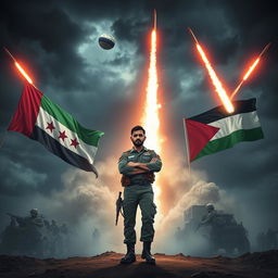 A dramatic scene depicting Yemen launching missiles at Israel, with dark stormy skies creating a tense atmosphere