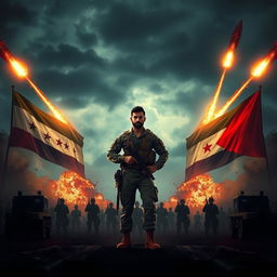 A dramatic scene depicting Yemen launching missiles at Israel, with dark stormy skies creating a tense atmosphere
