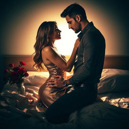 A sensual and intimate moment between a stylish couple in a dimly lit, luxurious bedroom