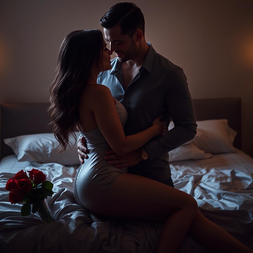 A sensual and intimate moment between a stylish couple in a dimly lit, luxurious bedroom