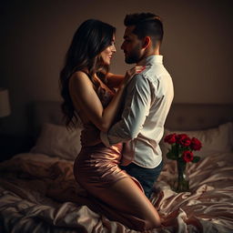A sensual and intimate moment between a stylish couple in a dimly lit, luxurious bedroom