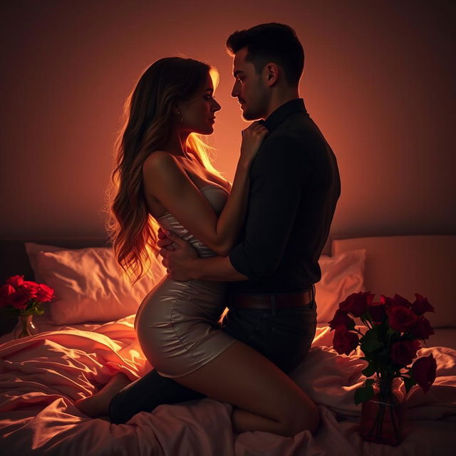 A sensual and intimate moment between a stylish couple in a dimly lit, luxurious bedroom