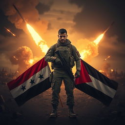 A powerful scene depicting a Yemeni soldier standing confidently amidst a dark, smoky battlefield, leaning on the flags of Yemen and Gaza