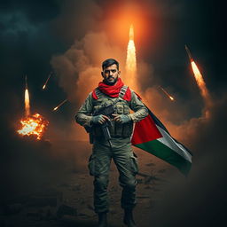A powerful scene depicting a Yemeni soldier standing confidently amidst a dark, smoky battlefield, leaning on the flags of Yemen and Gaza
