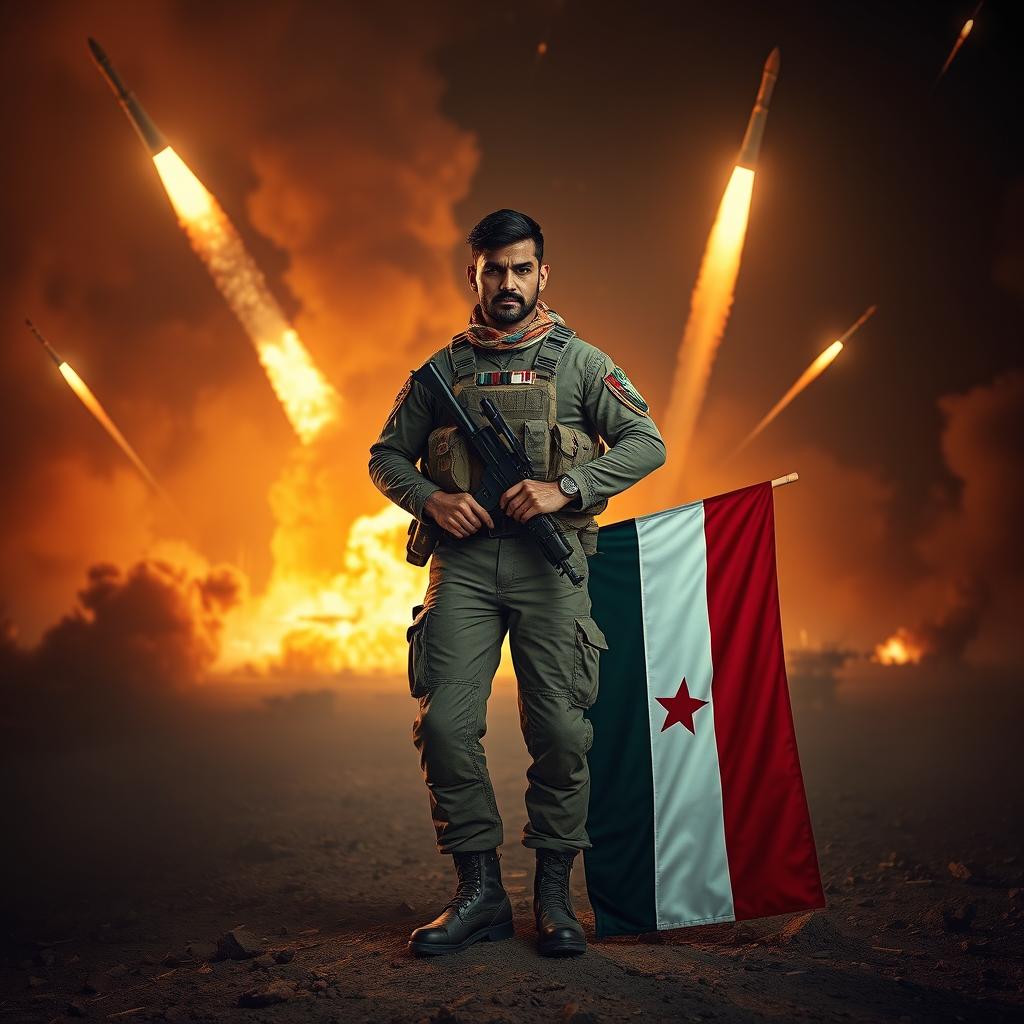 A powerful scene depicting a Yemeni soldier standing confidently amidst a dark, smoky battlefield, leaning on the flags of Yemen and Gaza