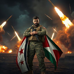 A powerful scene depicting a Yemeni soldier standing confidently amidst a dark, smoky battlefield, leaning on the flags of Yemen and Gaza