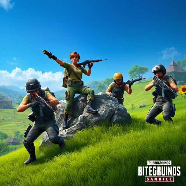 A dynamic and intense scene set in a PUBG Mobile game environment, showcasing a squad of four diverse characters in tactical military gear