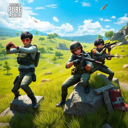 A dynamic and intense scene set in a PUBG Mobile game environment, showcasing a squad of four diverse characters in tactical military gear