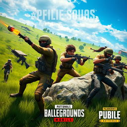 A dynamic and intense scene set in a PUBG Mobile game environment, showcasing a squad of four diverse characters in tactical military gear