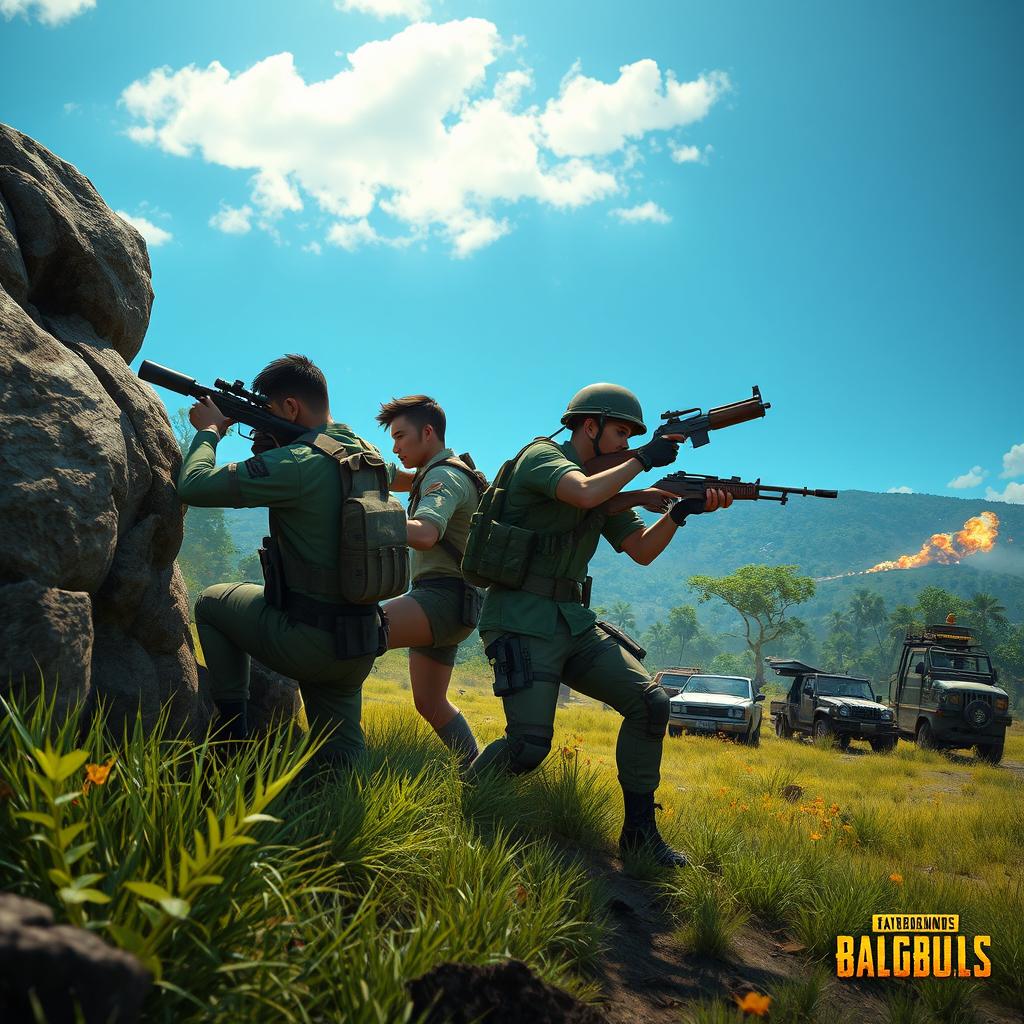 A thrilling action scene from PUBG Mobile, featuring a squad of four diverse characters in military uniforms taking cover behind a rock formation