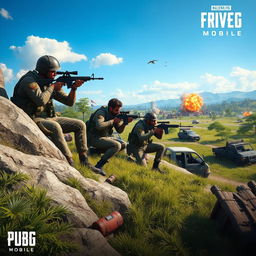 A thrilling action scene from PUBG Mobile, featuring a squad of four diverse characters in military uniforms taking cover behind a rock formation