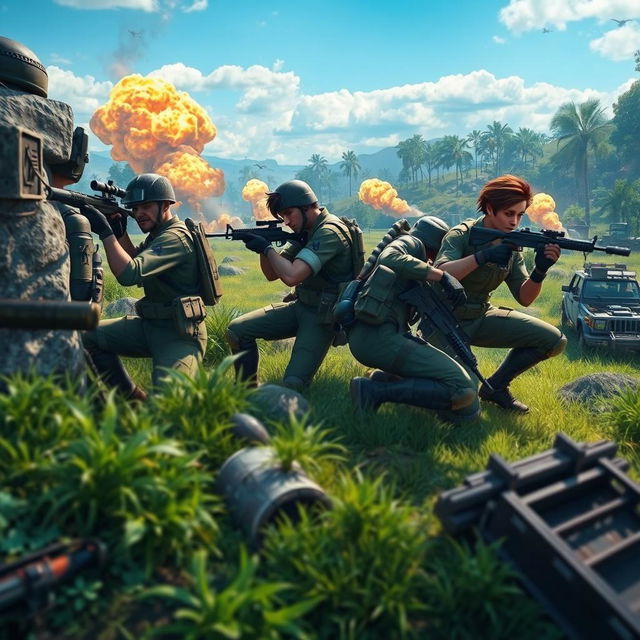 A thrilling action scene from PUBG Mobile, featuring a squad of four diverse characters in military uniforms taking cover behind a rock formation