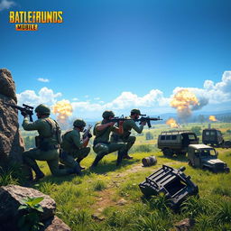 A thrilling action scene from PUBG Mobile, featuring a squad of four diverse characters in military uniforms taking cover behind a rock formation