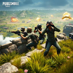 An exciting scene from PUBG Mobile, depicting a group of four characters in tactical military outfits engaged in a fierce firefight