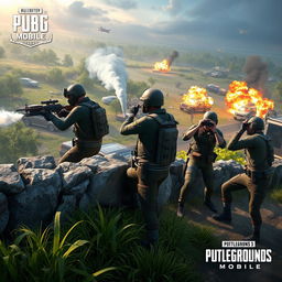 An exciting scene from PUBG Mobile, depicting a group of four characters in tactical military outfits engaged in a fierce firefight