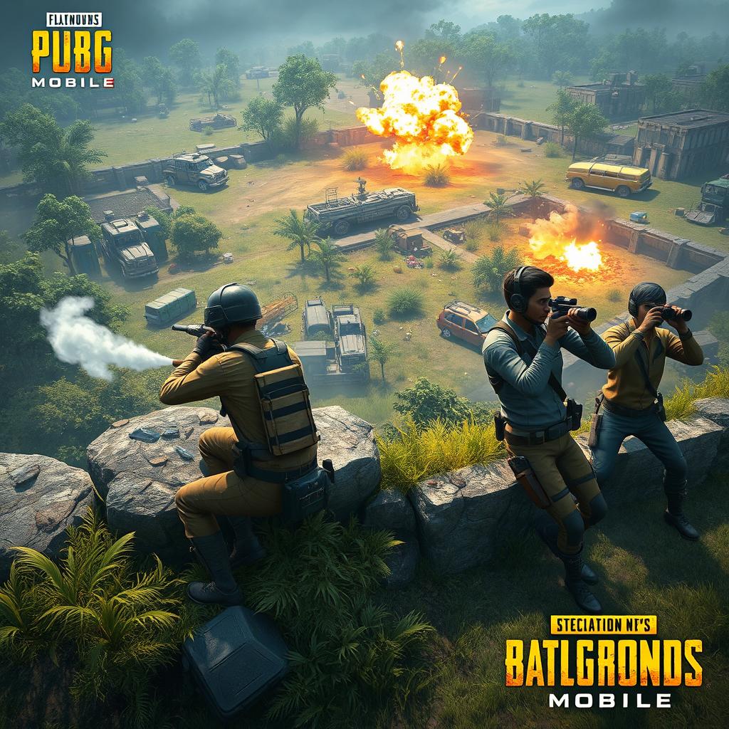 An exciting scene from PUBG Mobile, depicting a group of four characters in tactical military outfits engaged in a fierce firefight