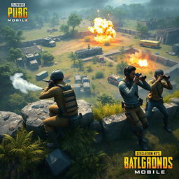 An exciting scene from PUBG Mobile, depicting a group of four characters in tactical military outfits engaged in a fierce firefight