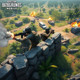 An exciting scene from PUBG Mobile, depicting a group of four characters in tactical military outfits engaged in a fierce firefight