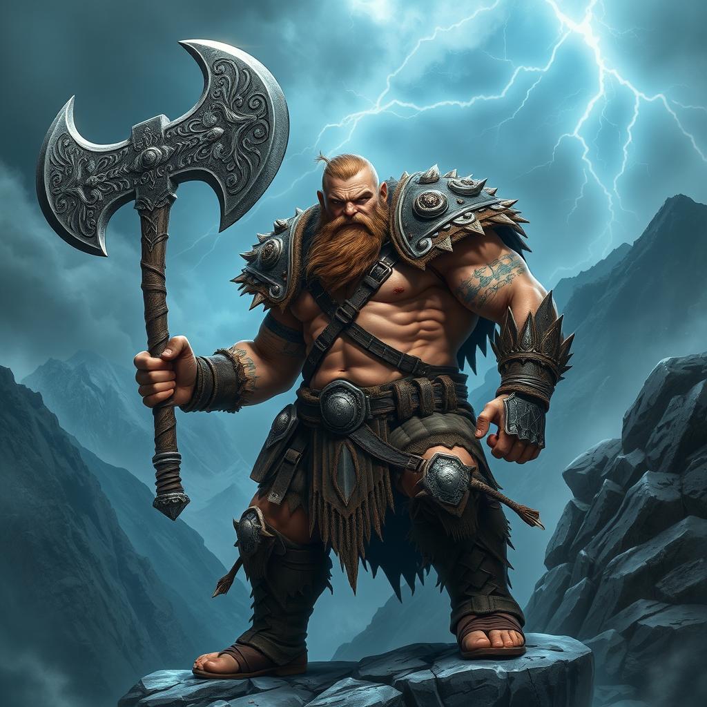 A powerful, muscular warrior resembling a Norse god, with a fierce expression on his face, wielding a massive, intricately engraved axe