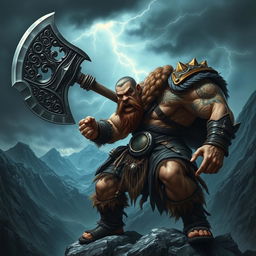 A powerful, muscular warrior resembling a Norse god, with a fierce expression on his face, wielding a massive, intricately engraved axe