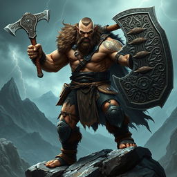 A powerful, muscular warrior resembling a Norse god, with a fierce expression on his face, wielding a massive, intricately engraved axe