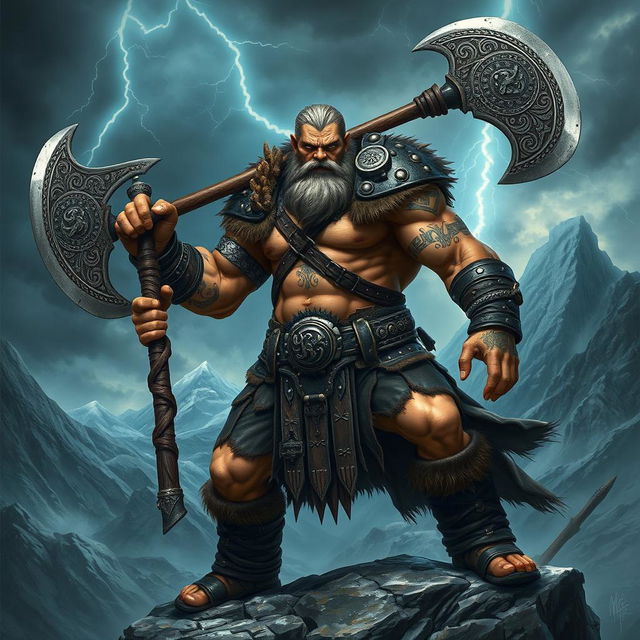 A powerful, muscular warrior resembling a Norse god, with a fierce expression on his face, wielding a massive, intricately engraved axe