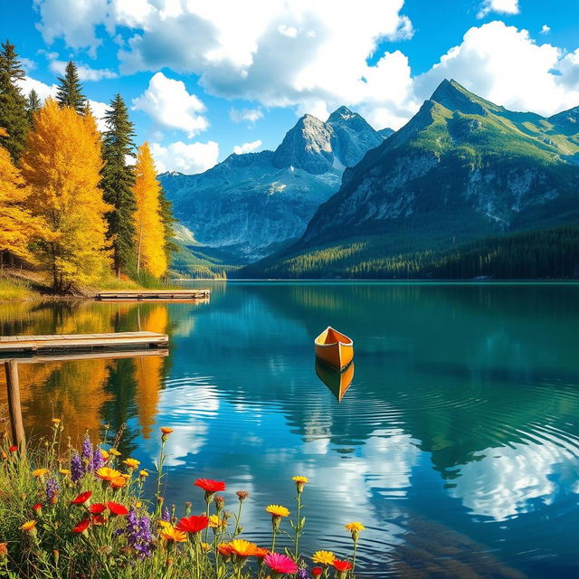 A serene landscape featuring a crystal-clear lake surrounded by majestic mountains