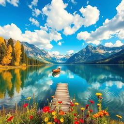 A serene landscape featuring a crystal-clear lake surrounded by majestic mountains