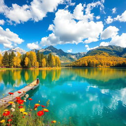 A serene landscape featuring a crystal-clear lake surrounded by majestic mountains