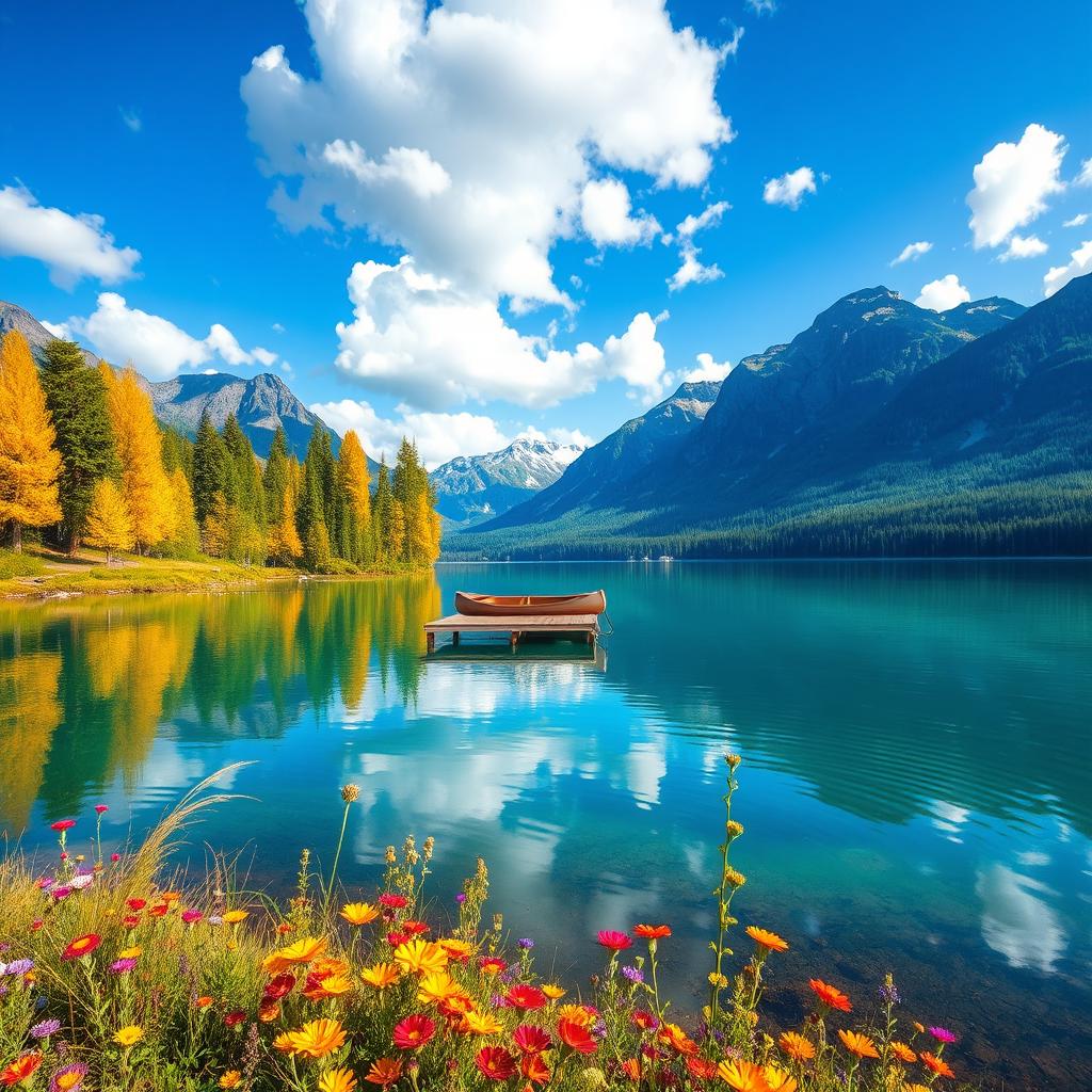 A serene landscape featuring a crystal-clear lake surrounded by majestic mountains