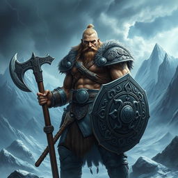 An imposing warrior inspired by Norse mythology, with a detailed and muscular physique, showcasing an intense look of determination