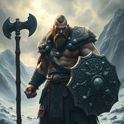 An imposing warrior inspired by Norse mythology, with a detailed and muscular physique, showcasing an intense look of determination