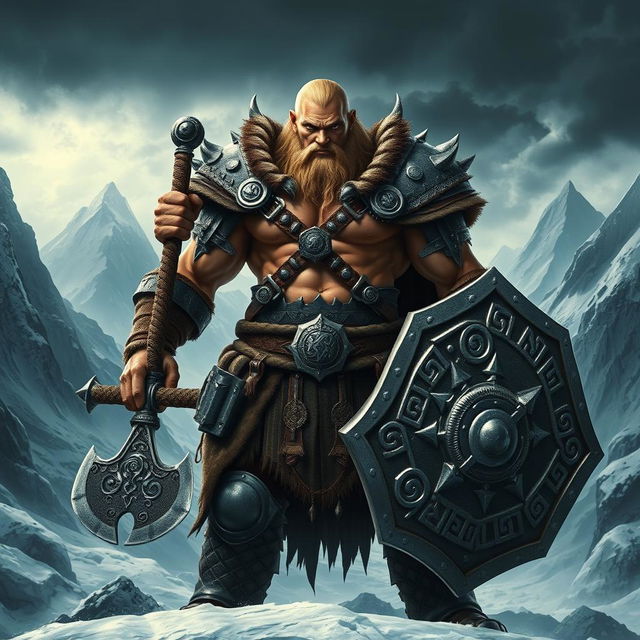 An imposing warrior inspired by Norse mythology, with a detailed and muscular physique, showcasing an intense look of determination