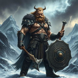An imposing warrior inspired by Norse mythology, with a detailed and muscular physique, showcasing an intense look of determination
