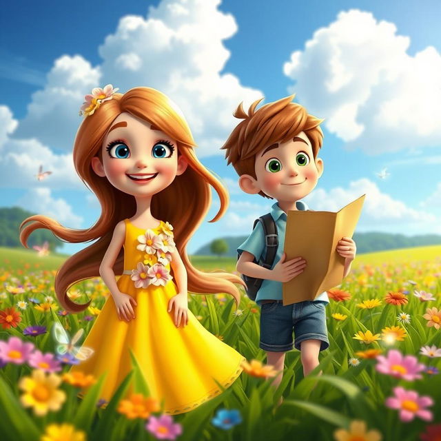 A vibrant scene featuring two original animated characters styled like Disney characters