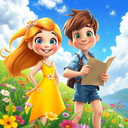 A vibrant scene featuring two original animated characters styled like Disney characters